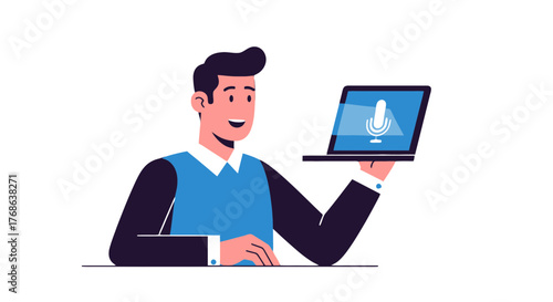 Man Enjoying Digital Voice Recording Technologies Using a Modern Laptop with Microphone