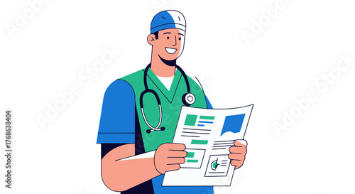 Medical Professional Examining Reports, Medical Illustration, Health Care, On Dark Backdrop
