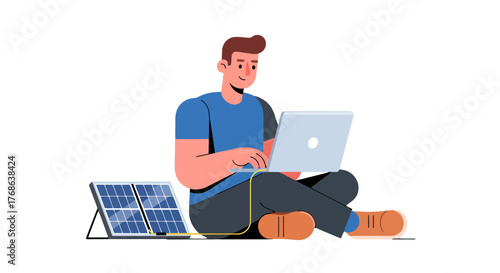 Man Using Laptop Powered By Solar Panel Illustrating Green Energy And New Technologies