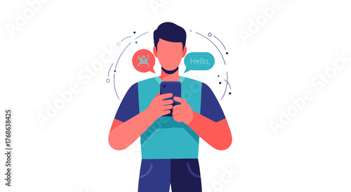 Man Using Smartphone with Speech Bubbles Indicates Communication in Modern Life