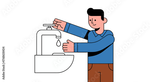 Man Washing Hands At The Sink, Hygiene Concept, Illustrated With Bold Lines And Colors