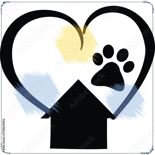 Heart shaped symbol surrounding a house with a paw print representing pet adoption and animal shelter services for animal lovers everywhere