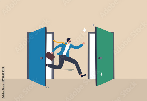 Change job, career transition or move to new opportunity, employee turnover, resignation or leave company, new job, employment, recruitment concept, businessman leave open door to new opportunity.