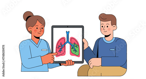 Medical Professional Explaining Lung Anatomy to Patient Using Digital Tablet Illustration