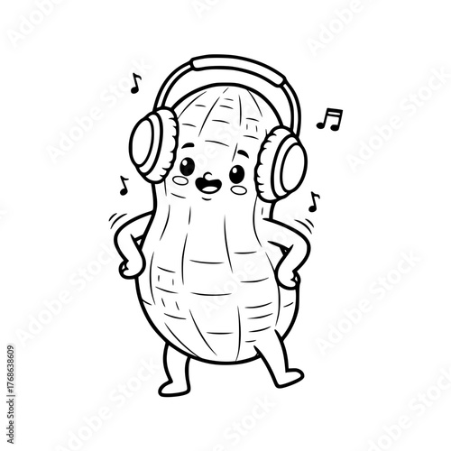 Cute peanut character wearing headphones, simple cheerful coloring page for toddlers Generative Ai
