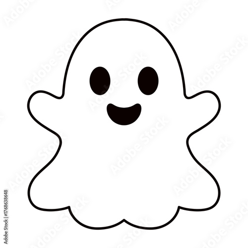 Cute outlined ghost illustration with a happy face. Simple Halloween design for kids, coloring pages, stickers, print, decorations and festive graphics. Hand drawn vector icon. Minimalist line art.