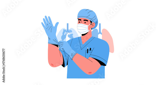 Medical Professional Preparing For Work, Illustrated, Doctor, Mask, Healthcare, Vector
