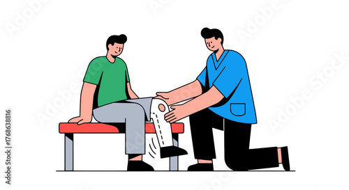 Medical Examination Illustration Depicting A Physiotherapist Assessing A Patient's Knee