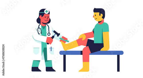 Medical Examination Illustration: Doctor Checking Patient's Leg Injury in a Clinic Setting