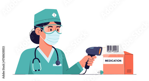 Medical Professional Scanning Medication Box in a Clean Illustration Style