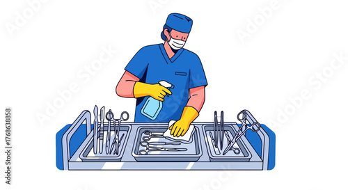 Medical Professional Sanitizing Surgical Instruments for Patient Safety Healthcare Procedure