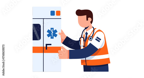 Medical Professional Standing Beside Ambulance With Emergency Response Symbol