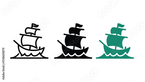Three stylized illustrations of a sailing ship on waves