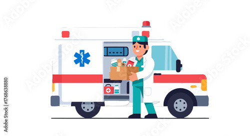 Medical Professional Stands Beside Ambulance Loaded With Medicine Supplies