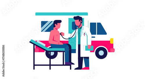 Medical Examination Illustration With Doctor And Patient In Ambulance Environment.