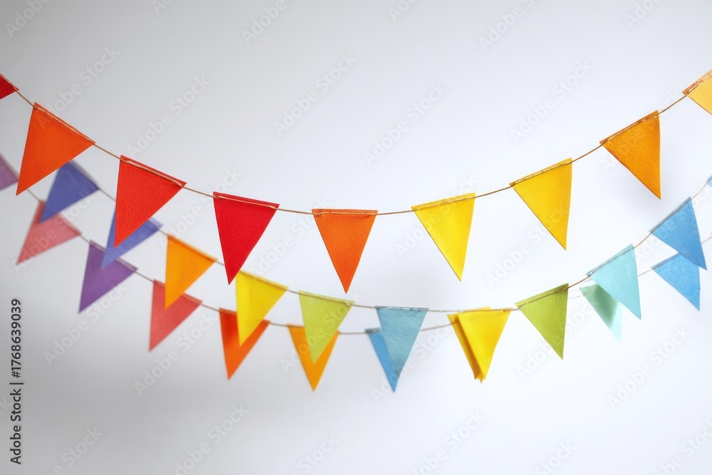 Obraz premium Colorful triangle pennant banner flags strung together on a string for festive decoration against a white background