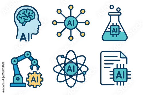 Illustrated icons depicting artificial intelligence concepts, including a brain, network, flask, robot arm, atomic structure, and document with microchip.