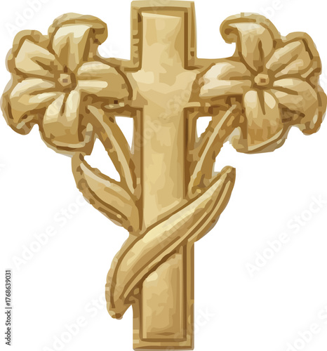 Golden cross with Easter lilies, faith and hope