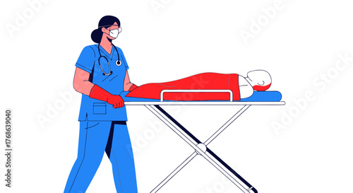 Medical Person Pushing Stretcher With Patient, Illustrating Emergency Situation