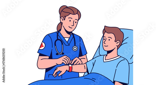 Medical Professional Adjusts Patient's Vital Sign Monitor in Hospital Room Setting