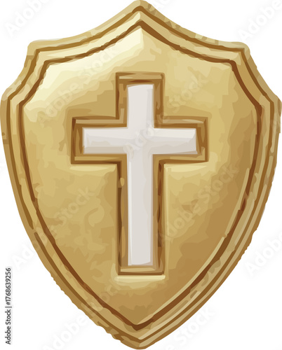 Golden shield with a white cross for faith symbol