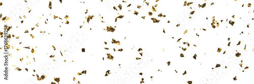 Elegant gold foil texture scattered on white background creating luxurious abstract design.