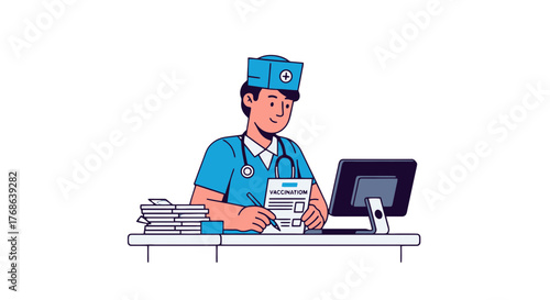 Medical Professional Administering Vaccine, Vaccination Card, And Digital Documents Workflow