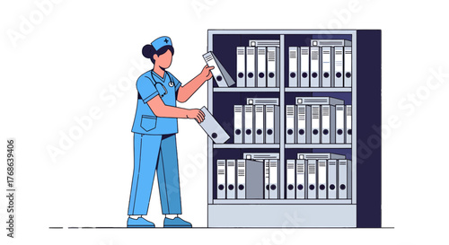 Medical Professional Arranging Medical Files In A Large Case For Record Keeping