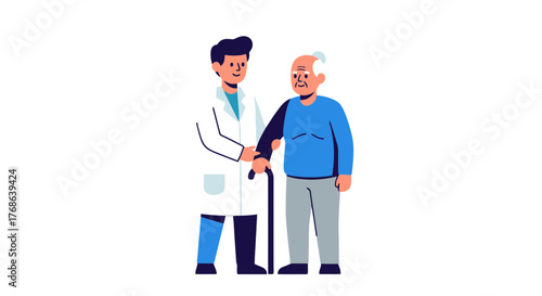 Medical Professional Assisting Senior, Healthcare Support, Walking Aid, Clinical Guidance