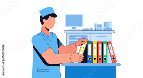 Medical Professional Carefully Organizes Files and Documents in A Clean And Organized Office