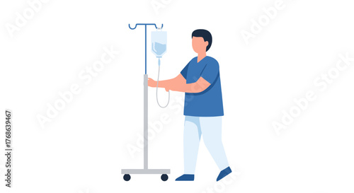 Medical Professional Carrying IV Drip Stand, Nurse Providing Assistance And Care