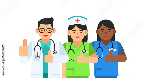 Medical Workers Showing Approval Thumbs Up Gestures Standing With Black Background