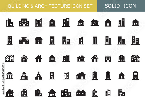 Building and Architecture Icon Set | House, Home, Office, Bank, Factory, Skyscraper, Church, Shop, Real Estate Icons Collection