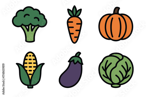 Colorful icons of various vegetables including broccoli, carrot, pumpkin, corn, eggplant, and cabbage, each outlined in black for emphasis.