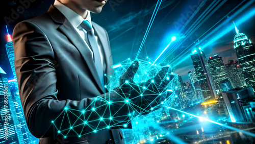 Businessman holding a futuristic network glowing connection points in his hands representing technology and innovation in a cityscape