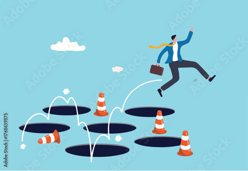 Avoid pitfall, adversity and brave to jump pass mistake or business failure, skill and creativity to solve problem concept, smart businessman jump pass many pitfalls to achieve business success.