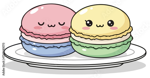 Two adorable kawaii macarons on a white plate, pastel colors.