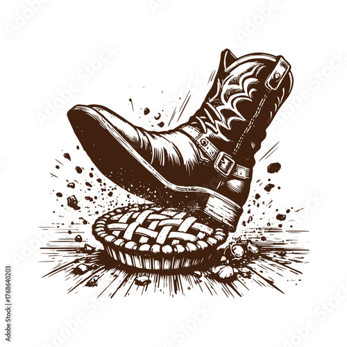 Boot Stomping a Pie – Black and White Ink Illustration
