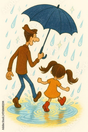 Father holds umbrella while daughter joyfully jumps in puddles below