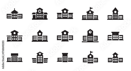 Collection of School Building Icons in Vector Format on White Background