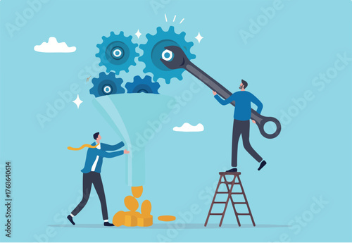 Optimization to improve result, adjust marketing factor to gain more profit, efficiency or growth, fix process for best result concept, businessman using wrench to optimize process better performance.