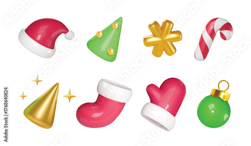 Collection of 3d Christmas icons, Merry Christmas and Happy new year concept.. Christmas hat, snowflake, candy cane, red mitten, red sock, xmas cartoon tree