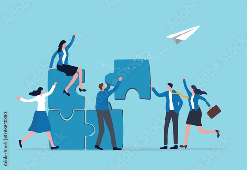 Employee engagement improve involvement or encourage employee success together, increase value and workplace motivation concept, happy business people, employees help complete jigsaw in their office.
