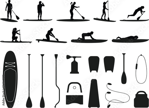 Stand up paddleboarding silhouettes, SUP gear icons, water sport equipment, black vector set, outdoor activity, flat vector illustration