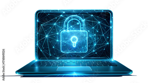 Laptop displaying a digital padlock, symbolizing cybersecurity isolated on transparent background