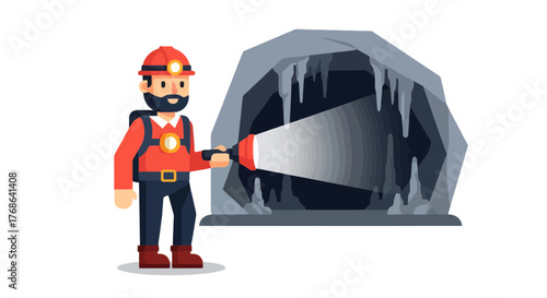 Miner Exploring the Cave Interior with a Bright Flashlight and Illuminated Geological Formation