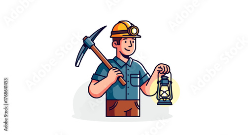 Mining Illustration Featuring a Miner With a Pickaxe and a Lantern in a Black Space