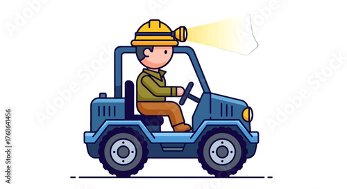 Mining Vehicle with a Miner Driving Into the Darkness, Representing Exploration