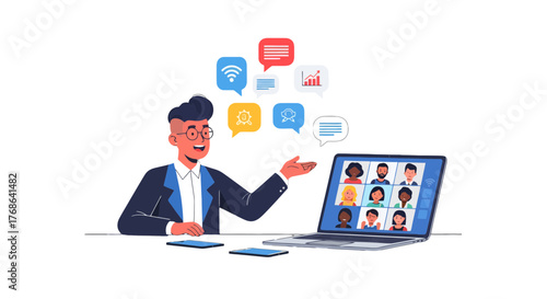 Online Meeting Presentation Illustration with Various Communication Elements and Participants