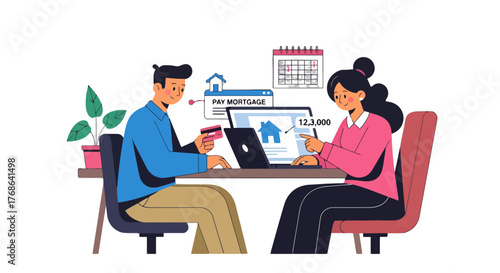 Online Mortgage Payment Illustration Depicting a Couple Managing Their Finances Efficiently